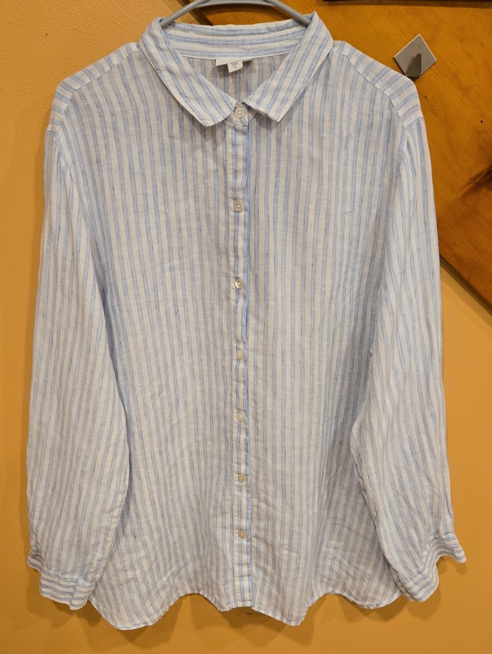 J Jill Women's Love Linen Light Blue Striped Button-Up Shirt